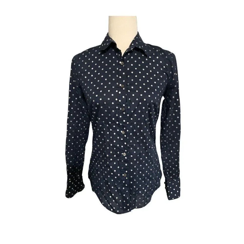 j crew womens blue white polka dot long sleeve button down top 0 xxs xs
